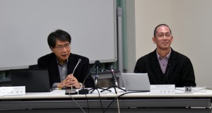 PRIUSでの研究成果を記者説明会で説明する入舩GRCセンター長(左),高野NIMSグループリーダー(右)